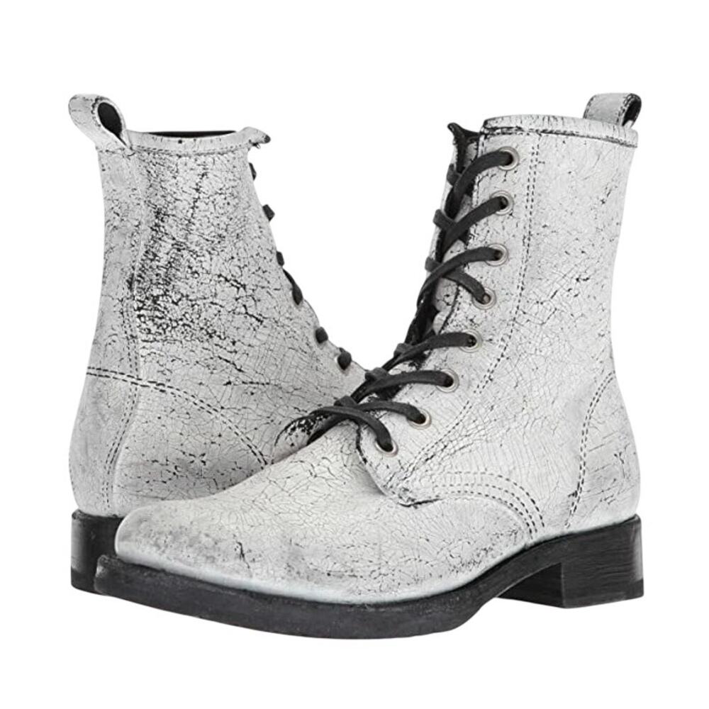 FRYE Womens Veronica Combat Boots Size 5.5 Distressed Crackle White Leather EUC